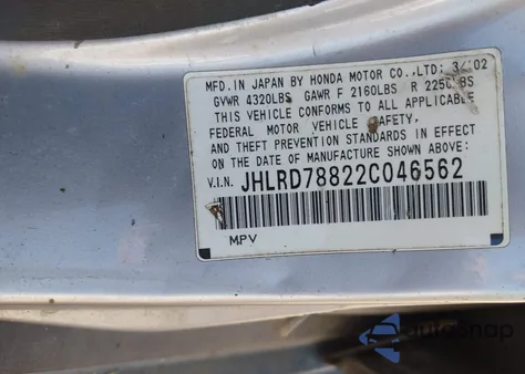 2002 Honda Cr-V Ex from USA, damaged, VIN JHLRD78822C046562